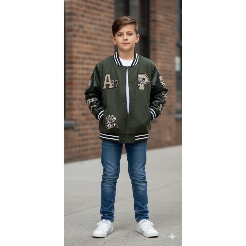 Ring of‎ Fire Big Boy's Hanan Patch Varsity Jacket Olive Size M